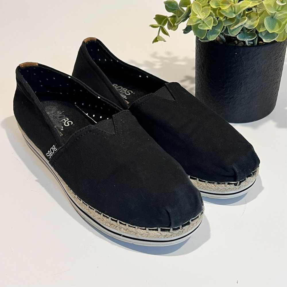 Skechers BOBS Espadrille Shoes Slip-On Breeze New Discovery‎ Black Canvas Size 9